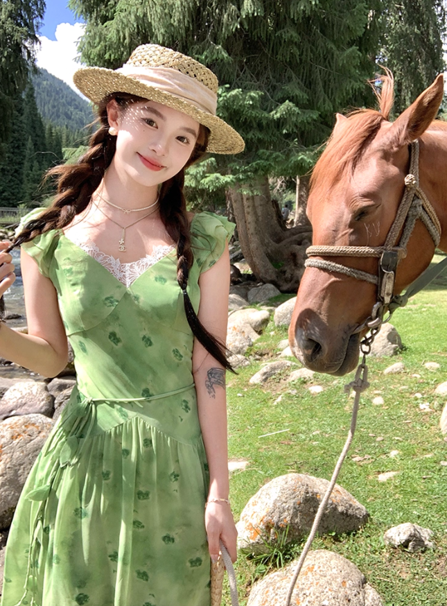 Green long v-neck small flying sleeve waist suspender dress summer temperament skirt R4906