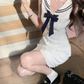 French navy collar dress summer sweet college style age-reducing sleeveless dress R3829