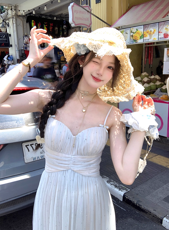 Long V-neck mesh suspender dress summer French loose slim skirt R4910