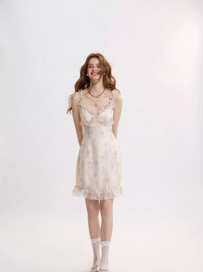 Private French floral suspender skirt wood ear edge dress holiday short skirt skirt R2712