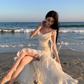 French style white suspenders beautiful small skirt seaside holiday dress fairy skirt R1605