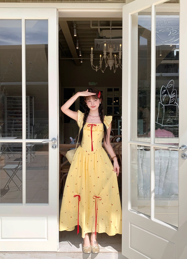 Long ruffled square neck waist dress for women summer French temperament A-line skirt R4744