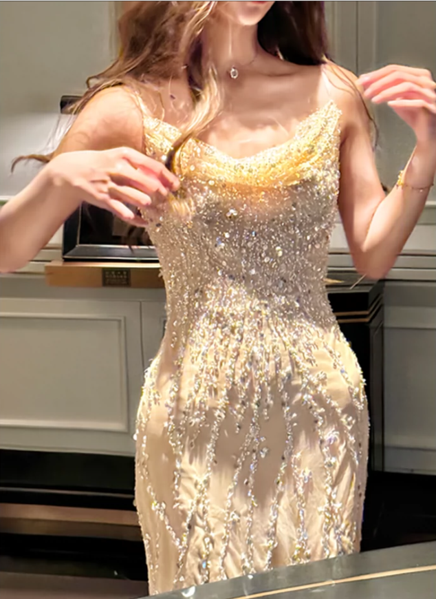 Heavy diamond suspender dress mermaid long party dress       S6159