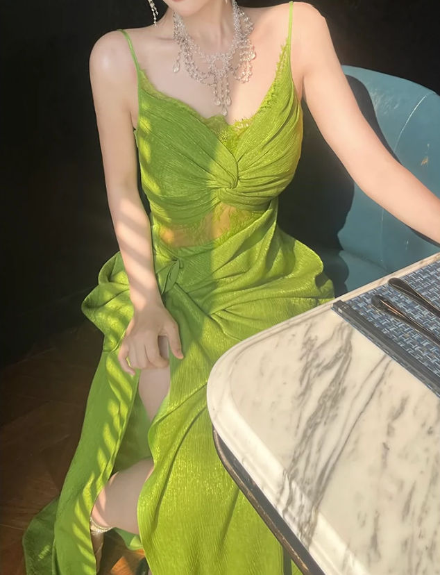 green chic suspender dress seaside holiday long dress    S6139