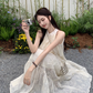 White lace off-shoulder beach maxi dress holiday suspender dress French retro dress R1697