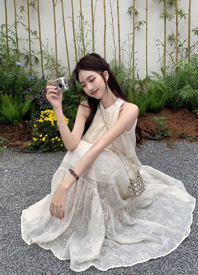 White lace off-shoulder beach maxi dress holiday suspender dress French retro dress R1697