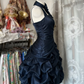Dark blue halter neck fitted waist slim-fitting ball gown with a full skirt R7584