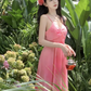 Travel wear vacation French pink white slim print chiffon suspender dress a-line skirt R1627