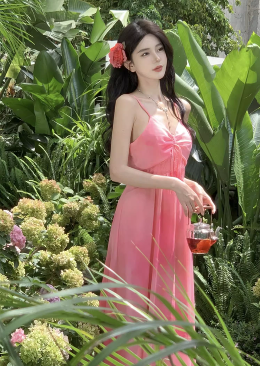 Travel wear vacation French pink white slim print chiffon suspender dress a-line skirt R1627