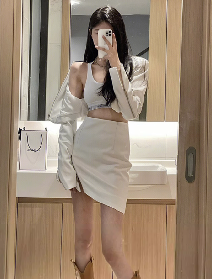 Sweet and spicy high-grade leather jacket 2025 plus size hot girl sexy hip skirt suit R1162