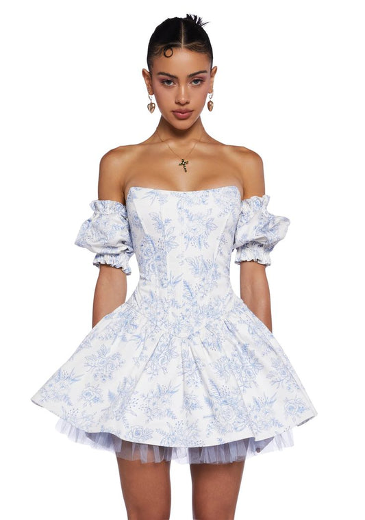 White background with blue floral waist tube top one shoulder sexy princess puffy skirt homecoming dress R2943
