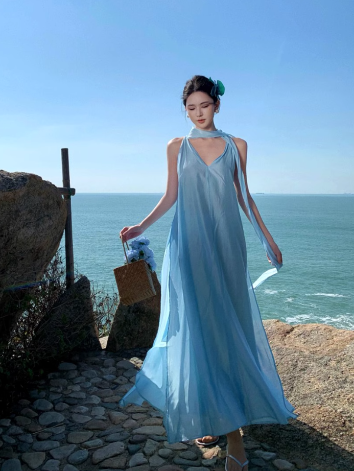 Fairy Island Travel Outfit Halter Neck V-Neck Dress Beach Dress Loose Casual Long Dress R1732