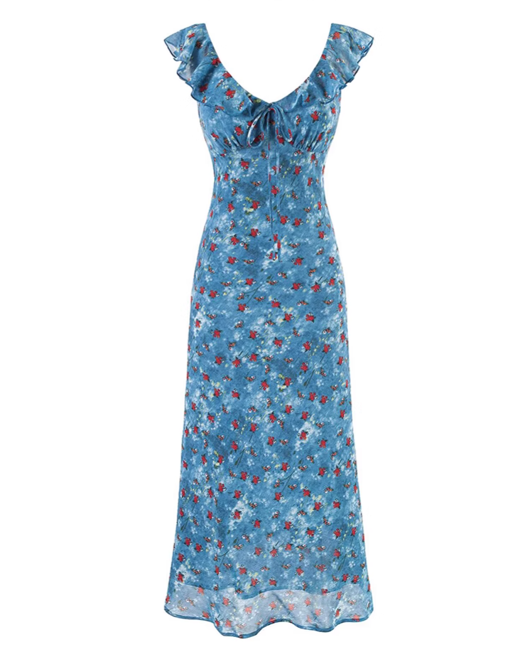 French retro blue floral ruffle dress 2025 new temperament long dress R2595