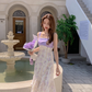 One-shoulder purple suspender floral dress for women summer design temperament sweet long dress R4111