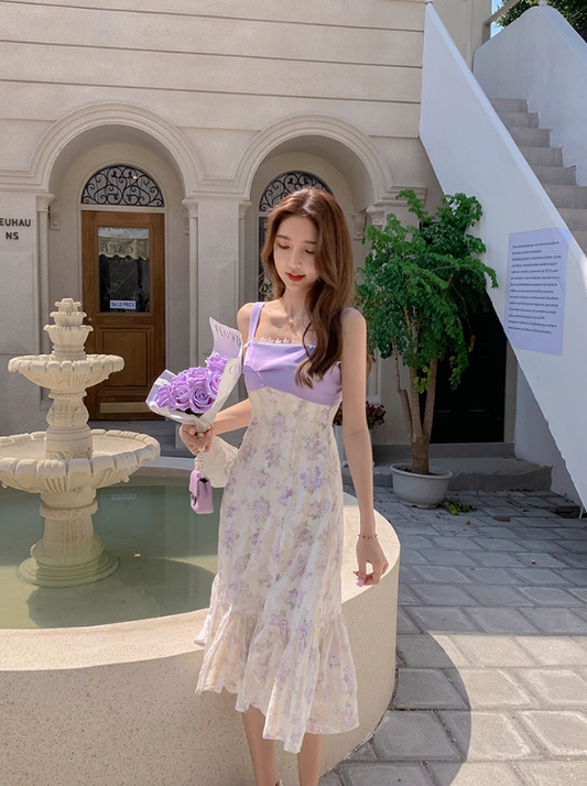 One-shoulder purple suspender floral dress for women summer design temperament sweet long dress R4111