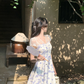 French Tulle Lace Splicing V-Neck Dress Women's Blue Floral A-Line Miniskirt R4418