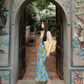 Dress lemon print holiday French backless knee-length suspender dress R2903