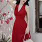 Retro wine red sling halter neck dress temperament waist high-end dress R1496