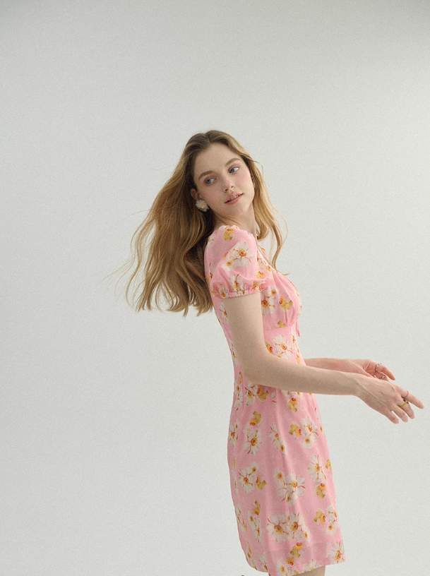 French pink dress summer petite floral dress short skirt fairy skirt R2768