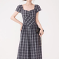 French retro square collar plaid dress new style waist slim long skirt temperament high-end R2372