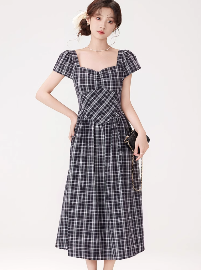 French retro square collar plaid dress new style waist slim long skirt temperament high-end R2372