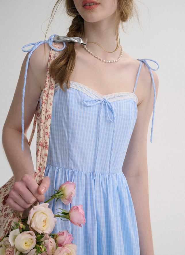 French plaid dress sleeveless long dress lace pastoral style suspender dress for women R3552