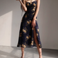 French retro orange floral suspender dress with slim waist and side slit long skirt R2815