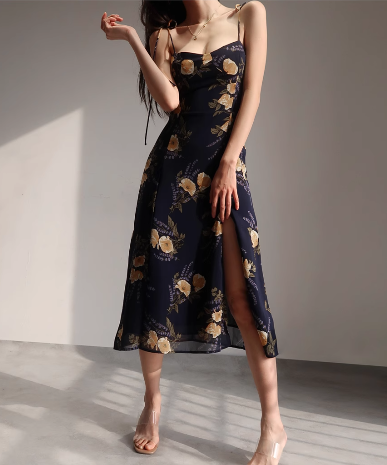 French retro orange floral suspender dress with slim waist and side slit long skirt R2815