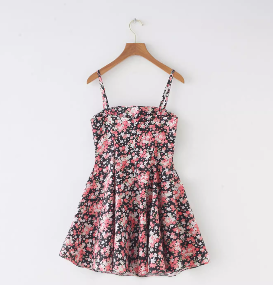 French retro sky blue floral chest cushion for slimming, waist cinching, large skirt with suspender R2873