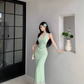 French high-end green v-neck lace halter dress temperament celebrity waist slim hip dress R0453