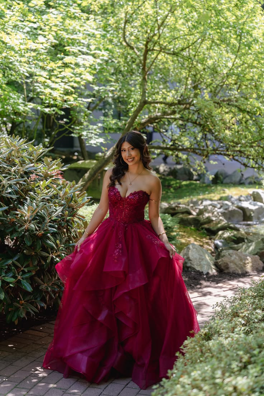 Puffy Emroidered Pleated Women's Prom Gown Burgundy Corset Maxi Evening Dress Birthday Dress — Fall Outfit 2026 New RS3211