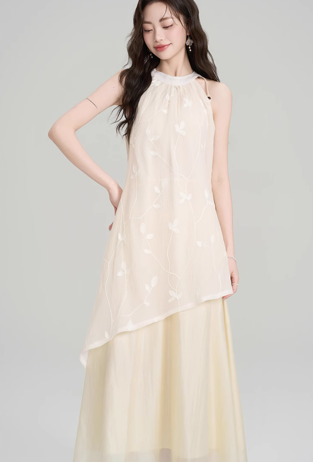 French style beautiful unique sleeveless halter dress holiday style irregular long skirt R2386