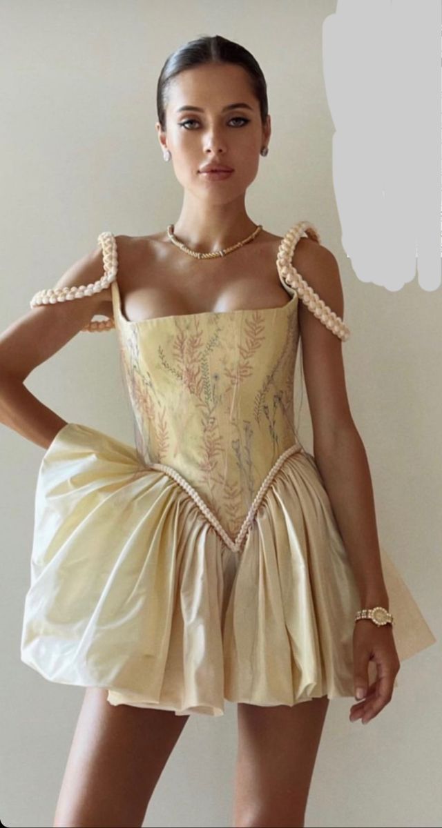 Yellow retro pattern A-line suspender puffy princess skirt homecoming dress R2424