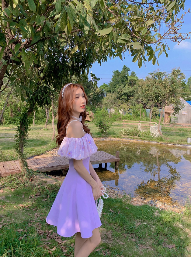 New summer skirt purple temperament one-shoulder French waist sweet suspender dress for women R4119