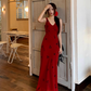 Fairy V-neck suspender dress French style slim high waist petite long skirt holiday style skirt R1758