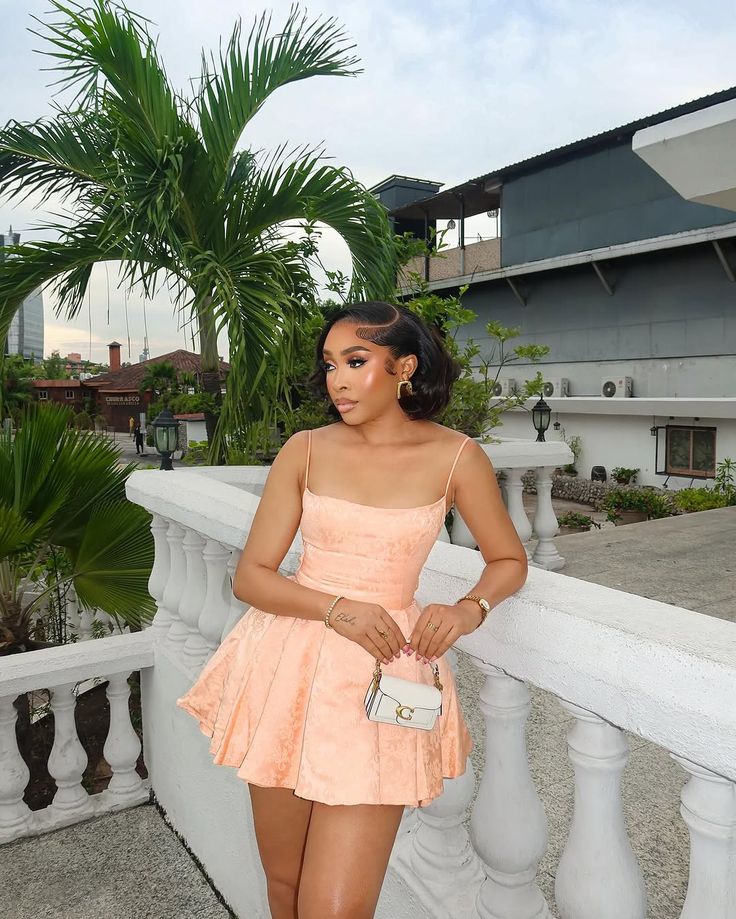 Champagne pink suspender satin waist slim short skirt homecoming dress R3759