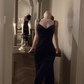 Velvet dress sexy V-neck slim waist with slits inside 2025 new suspender long skirt R1523