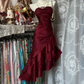 Champagne-colored strapless satin slim-waisted ruffled hem maxi ball gown R6180