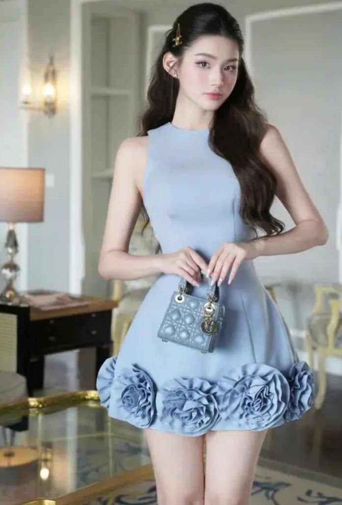 Sky blue round neckline slim waist floral skirt homecoming dress R2885