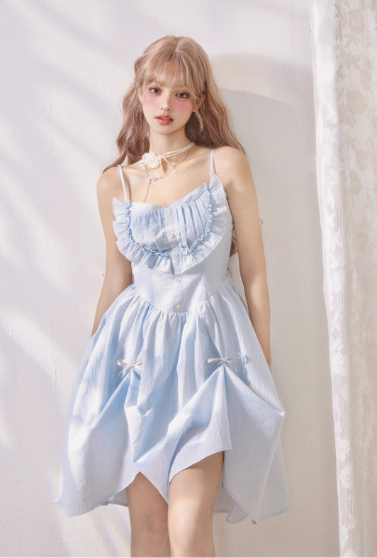 Fresh blue accordion pleated ruffled waisted suspender dress R5250