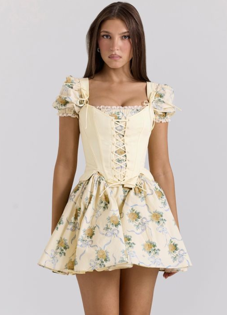 Apricot suspender skirt with floral pattern waist princess puffy skirt homecoming dress R2963
