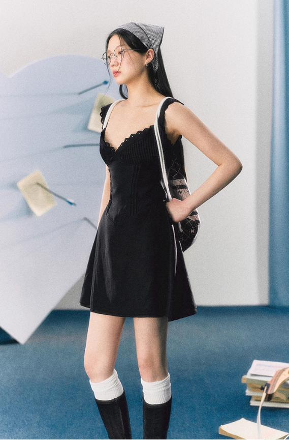 French pure black suspender dress sexy lace skirt R3323