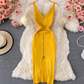 Elastic tight knitted vest skirt new summer style temperament V-neck zipper slit feminine hip dress R0368