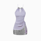 2025 Sleeveless Halter Neck Ribbon Top with Flower Sequins Hip Skirt Set R1385