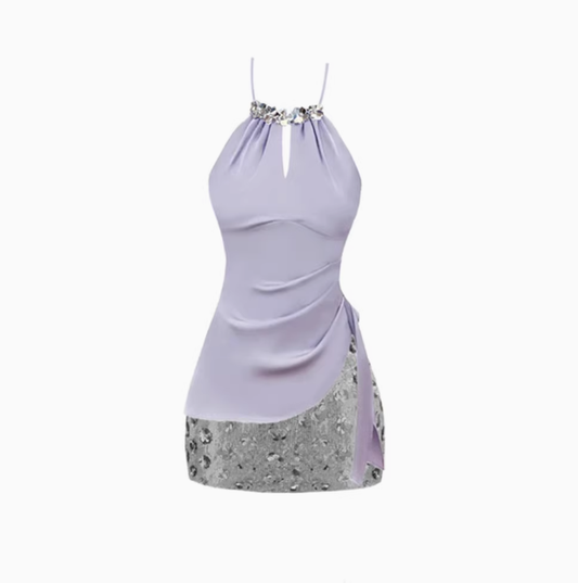 2025 Sleeveless Halter Neck Ribbon Top with Flower Sequins Hip Skirt Set R1385