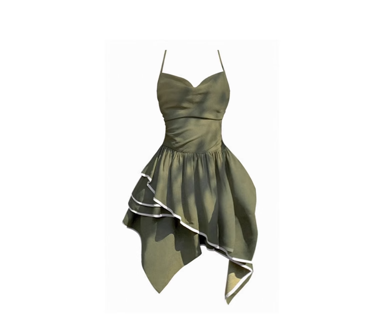Green temperament irregular dress new French retro waist a-line suspender skirt R0060