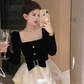 Birthday dress high-end Hepburn style dress high-end niche toast dress square collar dress R1798