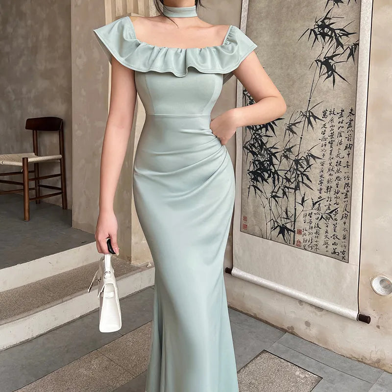 Off-Shoulder Ruffled Midi Mermaid Dress       S6739
