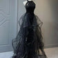 Black Halter Sequins and Tulle Long Party Dress, A-line Black Prom Dress      S6753