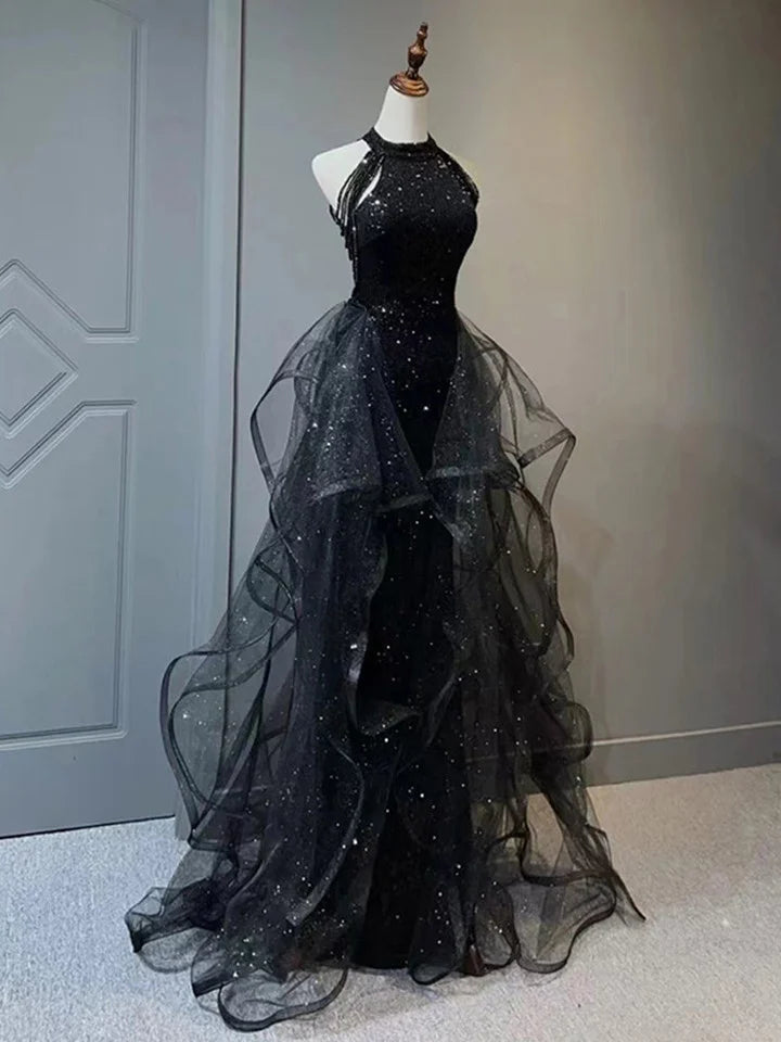 Black Halter Sequins and Tulle Long Party Dress, A-line Black Prom Dress      S6753